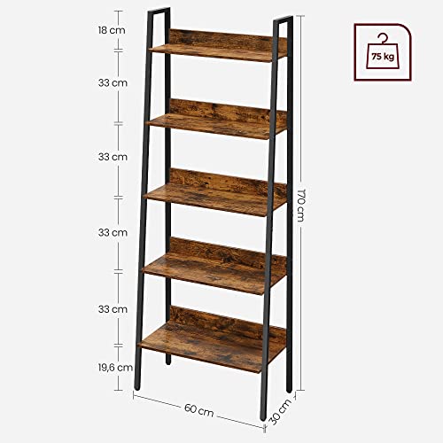 Bookcase, Ladder Shelf with 5 Shelves, Open Standing Shelf, Narrow for Living Room, Bedroom, Kitchen, Office, Metal Frame, Industrial Design, Vintage Brown-Black