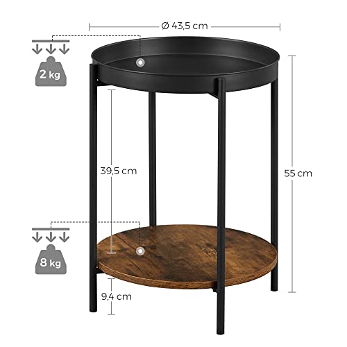 2-Tier Side Table, End Table with Movable Tray, Coffee Table, Steel Frame, for Living Room, Bedroom, Rustic Brown and Black