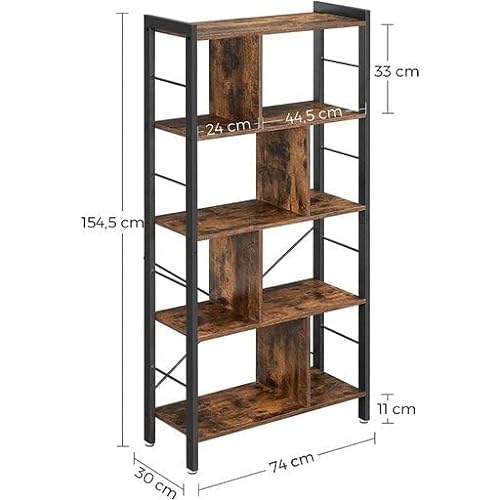 Bookshelf, Living Room Bookcase, Large 4-Tier Storage Shelf, for Office Study, Industrial Style, Easy Assembly, Steel Frame, Rustic Brown and Black