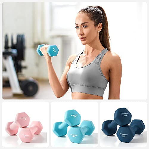 Hex Dumbbells Set with Stand - 2 x 1 kg, 2 x 2 kg, 2 x 3 kg, Neoprene Matte Finish, Hand Weights for Home Exercise, Pink, Aqua, and Blue