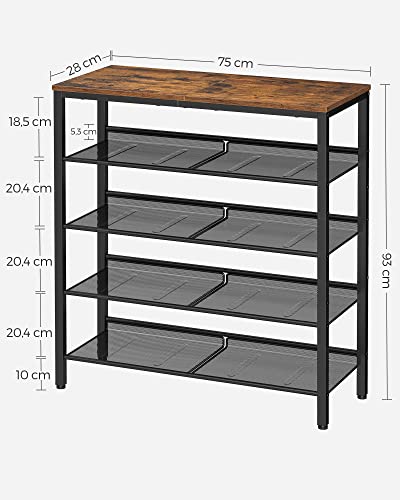 5-Tier Shoe Rack, Tall Shoe Storage with 4 Mesh Shelves and Large Top for Bags, Space-Saving for Entryway, Hallway, Steel, Industrial, Rustic Brown and Black