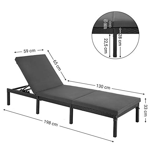 Sun Lounger, Sunbed with 5 cm Thick Mattress, Rattan-Like Surface, Reclining Backrest, 59 x 198 x 28 cm, Load Capacity 150 kg, for Garden, Terrace, Black