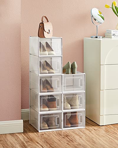 Shoe Boxes, Pack of 8 Stackable Shoe Storage Organisers, Foldable and Versatile for Sneakers, Fit up to UK Size 10.5, Transparent and White