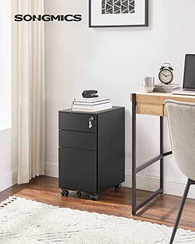 Office Filing Cabinet Mobile Storage Cabinet with Wheels and Lock for Documents and Suspension File with 3 Drawers Black