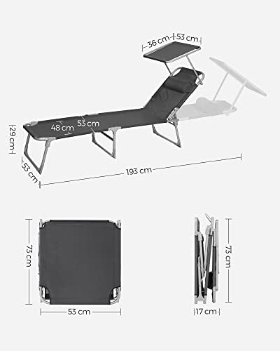 Sun Lounger, Sunbed, Reclining Sun Chair, with Headrest, Adjustable Backrest, Sunshade, Lightweight, Foldable, 53 x 193 x 29.5 cm, Load Capacity 150 kg, for Garden, Dark Grey