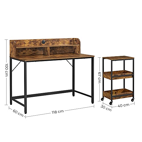 Computer Desk, Writing Study Desk with Monitor Stand, Cable Hole, 3-Tier Rolling Cart, Steel Frame, Industrial Style, Rustic Brown and Black