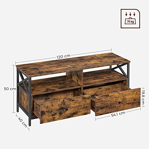 TV Cabinet, TV Unit for 55-Inch TV, Living Room, with 2 Drawers, 2 Storage Shelves, 120 x 40 x 50 cm, Steel Frame, Industrial Style, Rustic Brown and Black