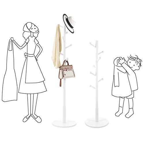 Coat Rack Free Standing Coat Tree with 7 Rounded Hooks, Wood Hall Tree, Entryway Coat Stand for Clothes, Hats, Purses, in the Entryway, Living Room, White