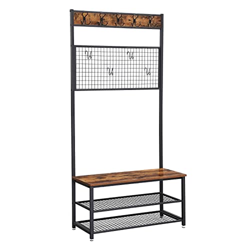 Coat Rack Stand, Industrial Shoe Rack and Bench with Grid Memo Board, 9 Hooks, and Storage Shelves, Hall Tree with Stable Metal Frame, Rustic Brown