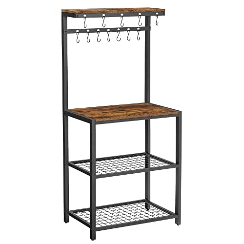 Kitchen Storage Unit, Shelf Organiser and Baker's Rack with Storage Shelves, 12 Hooks, Industrial Microwave Oven Shelf, 60 x 40 x 151.5 cm, Rustic Brown and Black