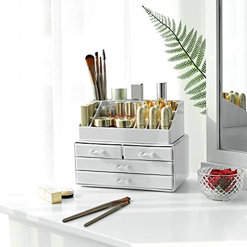 Cosmetics Organiser, Makeup Storage Holder with 4 Drawers and 16 Compartments of Different Sizes, Non-Slip Mats, for Makeup and Jewellery Accessories, White