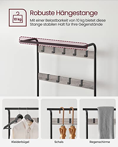 Coat Rack, Coat Stand with Shoe Storage Bench, 4-in-1 Design, with 9 Removable Hooks, a Clothes Rail, for Hallway, Entrance, 33.7 x 77 x 183 cm, Industrial, Greige and Black