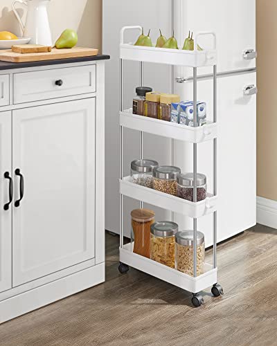 Storage Trolley, Slim Trolley, 4-Tier Kitchen Storage Trolley, Narrow Gap Bathroom Trolley with Wheels and Handles, 40 x 13 x 93 cm, White