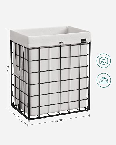 90L Laundry Basket, Collapsible Washing Basket, Laundry Hamper, Removable and Washable Bag, Metal Wire Frame, for Bedroom Bathroom, Black and White