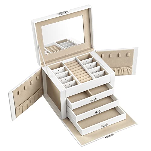 Jewellery Box, Jewellery Organiser 4 Levels, Lockable Jewellery Storage Case with Trays, Velvet Lining, White