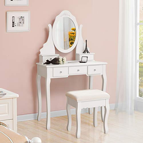 Dressing Table Set with Stool and 360 Degree Swiveling Mirror Makeup Desk 5 Drawers Vanity Furniture Easy to Assemble Bedroom White