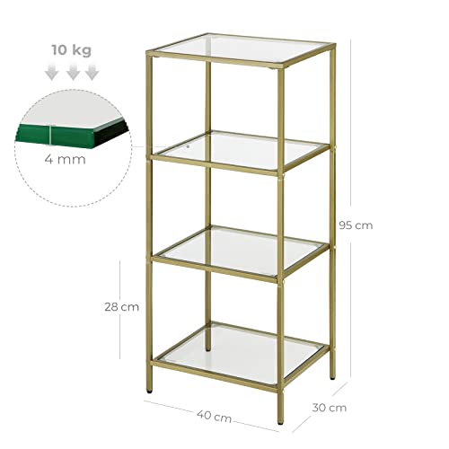 Bathroom Storage Shelf, Tempered Glass Storage Rack, 4-Tier Storage Unit, Sturdy, Easy to Assemble, for Living Room, Bedroom, Office, Golden