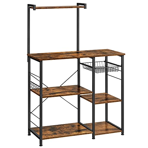 Baker’s Rack with Shelves, Microwave Stand with Wire Basket, 6 S-Hooks, Kitchen Shelf, Utility Storage for Spices, Pots, and Pans, Rustic Brown