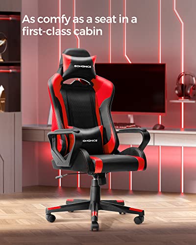 Gaming Chair, Computer Chair, Office Chair, Removable Headrest, Lumbar Cushion, Height-Adjustable, Rocker Function, Maximum Load 150 kg, Ergonomic, Black/Red