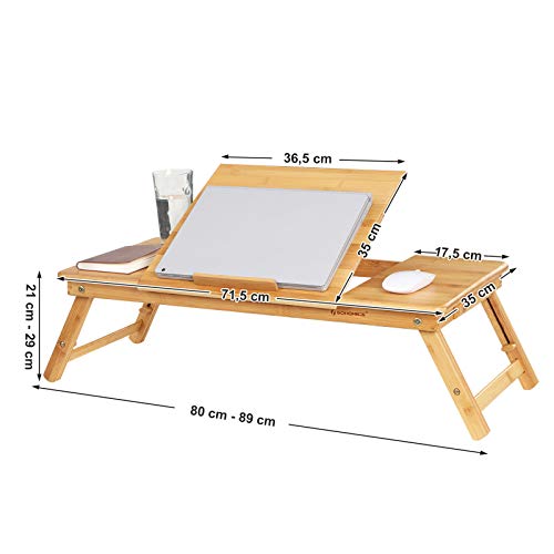 Bamboo Laptop Desk, Foldable Bed Table, for Left-hander, Right-hander, Height Adjustable Sofa Tray, 72 x (21-29) x 35 cm (B x H x T), with 5 Tilting Angles, Air Holes, Small Drawer