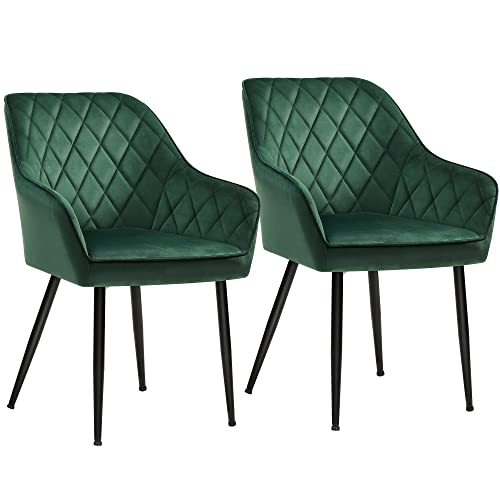 Set of 2 Upholstered Chairs with Armrests Seat Width 49 cm Metal Legs Velvet Cover Maximum Load 110 kg for Study Living Room Bedroom Green