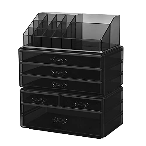 Large Acrylic Make up Organiser, Stackable Cosmetic Box with 6 Drawers, for Palette, Brush, Foundation, Lipstick, Nail Polish, Hairpins, Great Gift for Loved Ones, Black