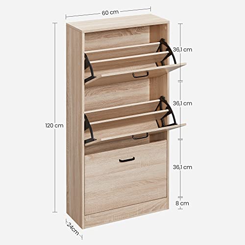 Shoe Cabinet with 3 Doors Shoe Rack, Shoe Cabinet with 3 Compartments, Adjustable, for Hallway, Living Room, Bedroom, 60 x 24 x 120 cm (L x W x H), Natural V1