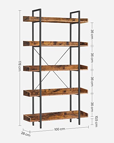 Bookshelf, 5-Tier Shelving Unit, Spacious Storage Shelves, Easy Assembly, Living Room, Bedroom, Home Office, Industrial, Rustic Brown and Black