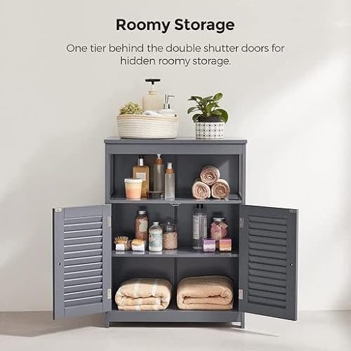 Wooden Bathroom Floor Cabinet Storage Organiser Rack, Kitchen Cupboard Free Standing, with Double Shutter Doors, Grey