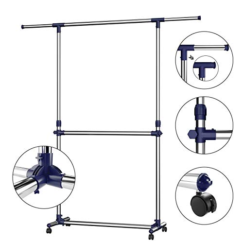 Adjustable Garment Rack Clothes Hanging Rail Stand with Middle Rail - Stainless Steel Clad Pipe