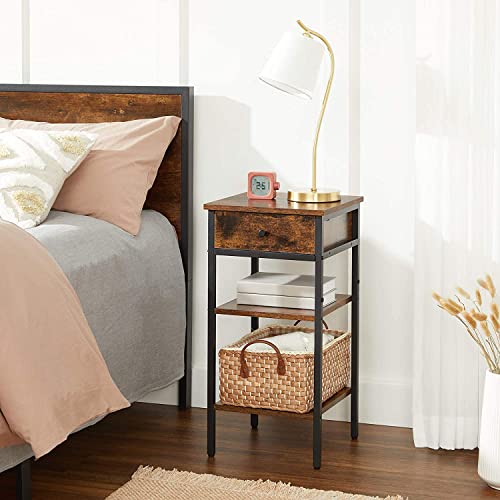 Nightstand, End Table, Tall Bedside Table with a Drawer and 2 Storage Shelves, Space Saving, Industrial Accent Table, Rustic Brown and Black