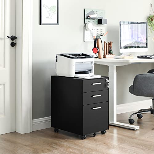 Office Chest of Drawers, Lockable File Cabinet, with 3 Drawers, Castors, for Documents, Stationery and Suspended Folders, for Office and Study, Steel, Black