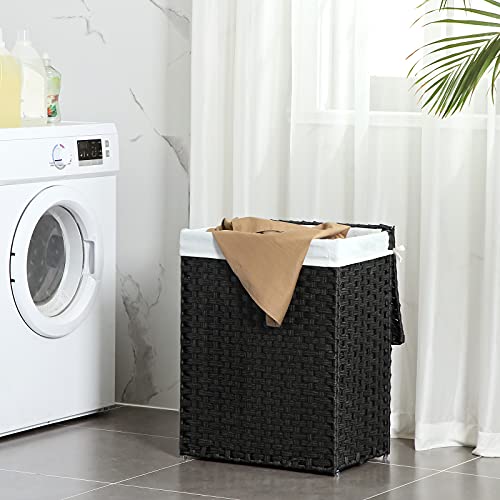 Handwoven Laundry Basket, 90L Synthetic Rattan Clothes Hamper with Lid and Handles, Foldable, Removable Liner Bag, Black