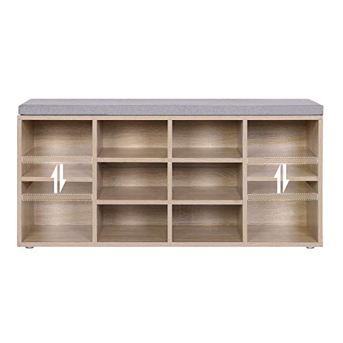 Shoe Bench, Shoe Shelf, Storage Cabinet, 10 Compartments, with Cushion, for Entryway, 104 x 30 x 48 cm, Oak Colour