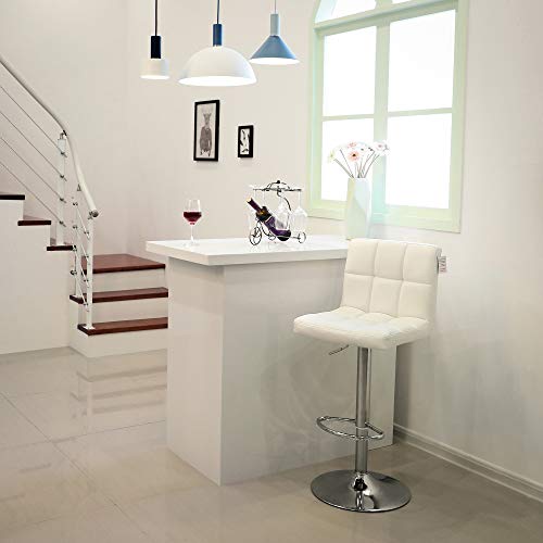 Set of 2 Bar or Kitchen Stools in Faux Leather, Adjustable and 360° Swivel, with Backrest and Footrest, Chromed Steel Structure, White