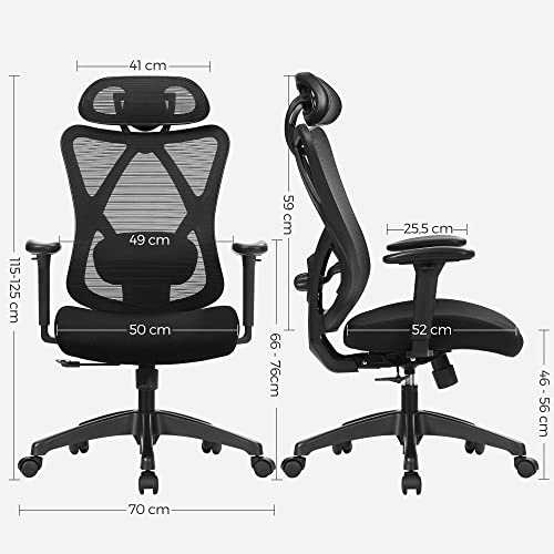 Office Chair, Ergonomic Desk Chair, Computer Chair, Mesh Chair, Adjustable Lumbar Support and Headrest, 150 kg, Height-Adjustable, Black