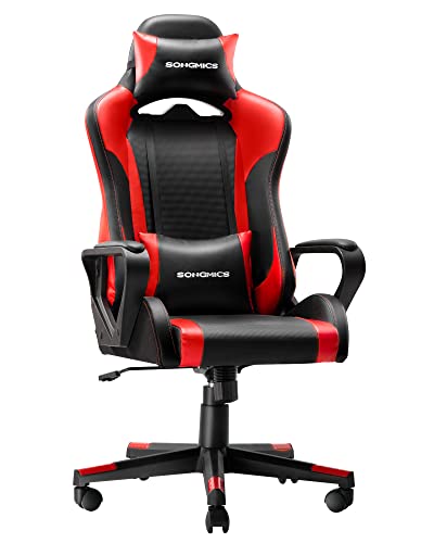 Gaming Chair, Computer Chair, Office Chair, Removable Headrest, Lumbar Cushion, Height-Adjustable, Rocker Function, Maximum Load 150 kg, Ergonomic, Black/Red