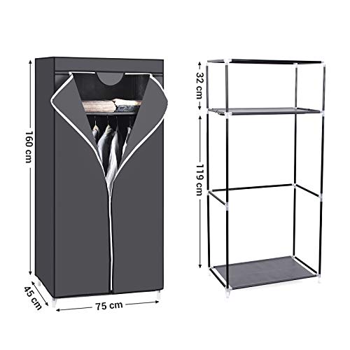 Fabric Wardrobe, Foldable Closet with Hanging Rail, Single Clothes Rack, Storage Organiser for Bags, Toys, Shoes, Living Room, Bedroom, Cloakroom, 75 x 45 x 160 cm, Grey