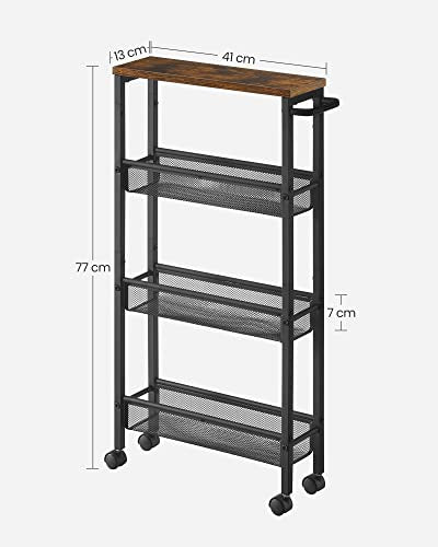 Trolley 4 Levels Kitchen Trolley Narrow Recess Shelf Kitchen Shelf on Wheels Steel Frame Handle for Small Spaces Kitchen Bathroom Living Room Study Vintage Brown Black