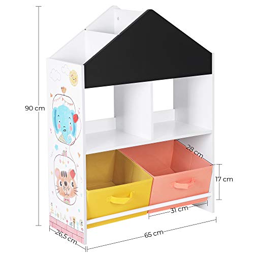 Kids’ Bookshelf, Storage Unit with Blackboard, Boxes, and Shelves, Multi-Functional for Children’s Room, Playroom, White, Black, Orange, and Yellow