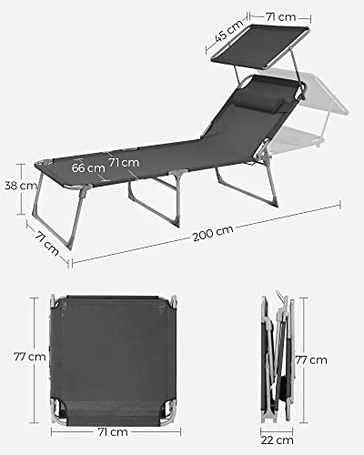 Lounger, Sunbed, Large Reclining Sun Chair, 71 x 200 x 38 cm, Load Capacity 150 kg, with Headrest, Reclining Backrest, Sunshade, Foldable, for Garden, Smoky Grey