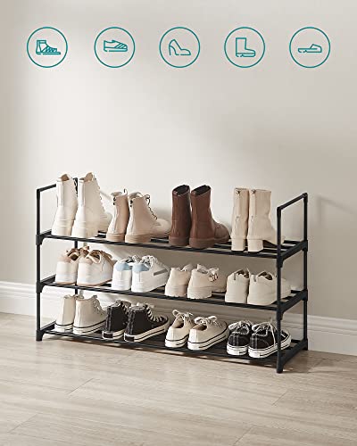 3-Shelf Shoe Rack, Metal Shoe Storage Organiser, Easy to Assemble, 12 to 15 Pairs Shoes, Stackable Shoe Shelf for Closet, Entryway, Black