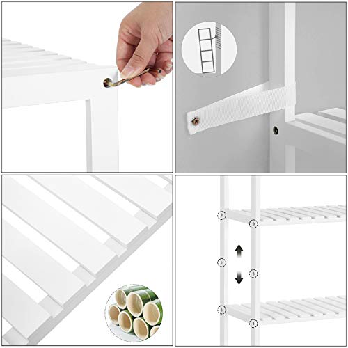 5-Tier Bathroom Storage Shelves, Bamboo Kitchen Shelf with 9 Adjustable Heights, Multifunctional Display Stand in Living Room, Hallway, 60 x 26 x 130 cm, White