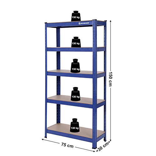 5-Tier Shelving Unit, Steel Shelving Unit for Storage, Tool-Free Assembly, for Garage, Shed, Load Capacity 650 kg, 30 x 75 x 150 cm, Blue