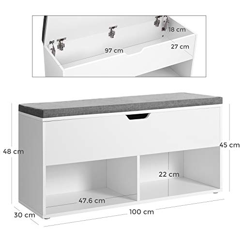 Shoe Bench, Storage Bench with 2 Open and 1 Closed Compartments, Shoe Shelf, Padded Seat, for Entrance Corridor Bedroom, 100 x 30 x 48 cm, White