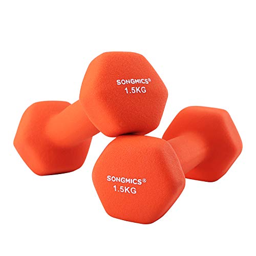 Set of 2 Dumbbells, 2 x 1.5 Non-Slip Neoprene Hand Weights with Matte Finish, Home Workout, Fitness Exercise, Orange