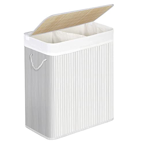 Divided Laundry Basket with Lid, Bamboo Laundry Hamper with 2 Sections, Removable Liners, Cotton Handles, 100L Storage Capacity, for Laundry Room, Bedroom, White