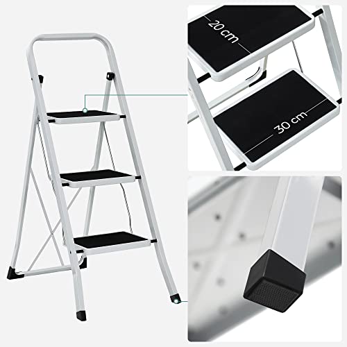 3 Step Ladder, Heavy Duty Steel, Folding, Portable with Anti-Slip Mat Max. Load Capacity up to 150 kg Tested and Certified by TÜV Rheinland