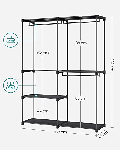 Clothes Wardrobe, Portable Closet, Clothes Garment Rack, 43 x 138 x 182 cm, 3 Hanging Rods and Shelves, Large Capacity for Bedroom, Living Room, Laundry Room, Black