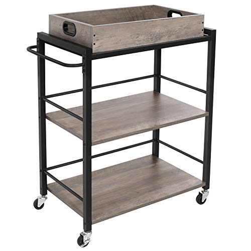 Kitchen Trolley with Removable Tray, Serving Cart Trolley, Universal Castors with Brakes, Levelling Feet, Steel Structure, Kitchen Shelf, 65 x 40 x 86 cm, Greige and Black